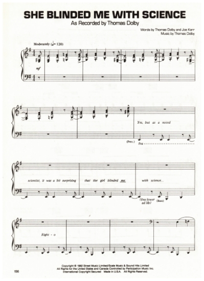 Picture of She Blinded Me With Science, Thomas Dolby & Joe Kerr, recorded by Thomas Dolby, sheet music, pdf copy 