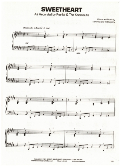 Picture of Sweetheart, F. Previte & W. Elworthy, recorded by Franke & the Knockouts, sheet music, pdf copy