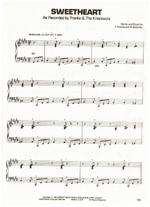 Picture of Sweetheart, F. Previte & W. Elworthy, recorded by Franke & the Knockouts, sheet music