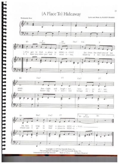 Picture of (A Place To) Hide Away, Randy Sparks, recorded by The Carpenters, sheet music