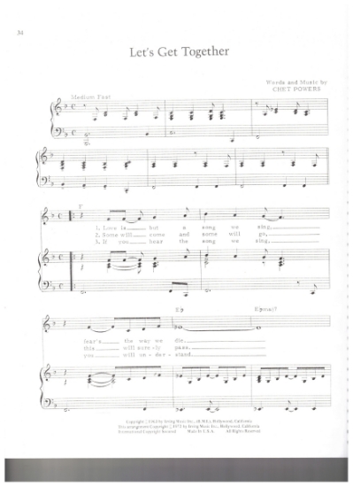 Picture of Let's Get Together, Chet Powers, recorded by The Carpenters, sheet music
