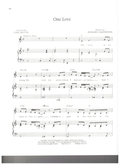 Picture of One Love, John Bettis & Richard Carpenter, recorded by The Carpenters, sheet music, pdf copy 