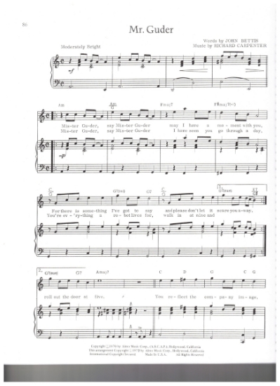 Picture of Mr. Guder, John Bettis & Richard Carpenter, recorded by The Carpenters, sheet music