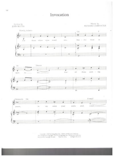 Picture of Invocation. John Betts & Richard Carpenter, recorded by The Carpenters, sheet music, pdf copy