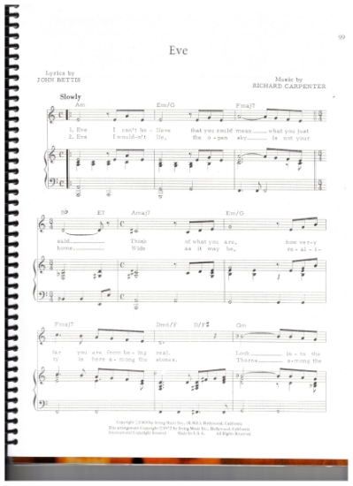 Picture of Eve, John Bettis & Richard Carpenter, recorded by The Carpenters, sheet music, pdf copy 