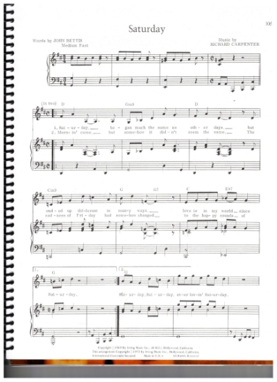 Picture of Saturday, John Bettis & Richard Carpenter, recorded by The Carpenters, sheet music