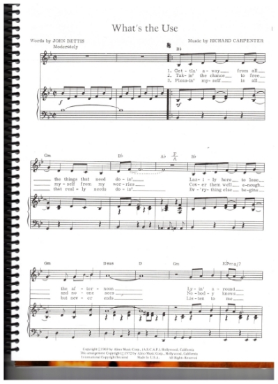 Picture of What's The Use, John Betts & Richard Carpenter, recorded by The Carpenters, sheet music, pdf copy 