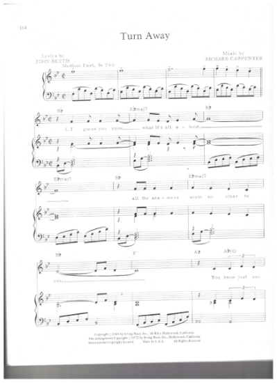 Picture of Turn Away, John Betts & Richard Carpenter, recorded by The Carpenters, sheet music, pdf copy 