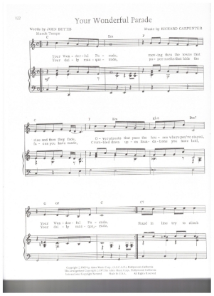Picture of Your Wonderful Parade, John Betts & Richard Carpenter, recorded by The Carpenters, sheet music, pdf copy
