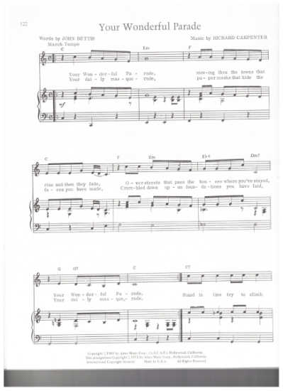 Picture of Your Wonderful Parade, John Betts & Richard Carpenter, recorded by The Carpenters, sheet music, pdf copy