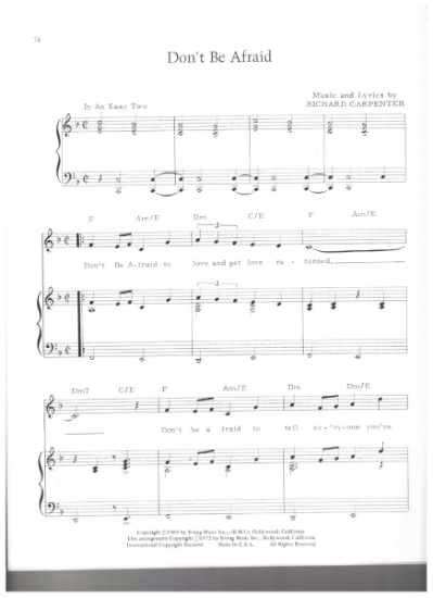 Picture of Don't Be Afraid, Richard Carpenter, recorded by The Carpenters, sheet music, pdf copy