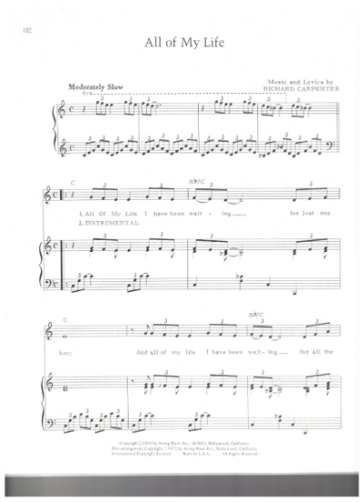 Picture of All Of My Life, Richard Carpenter, recorded by The Carpenters, sheet music, pdf copy 