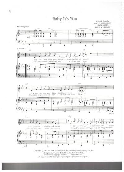 Picture of Baby It's You, Burt Bacharach/ Mack David/ Barney Williams, recorded by The Carpenters, sheet music