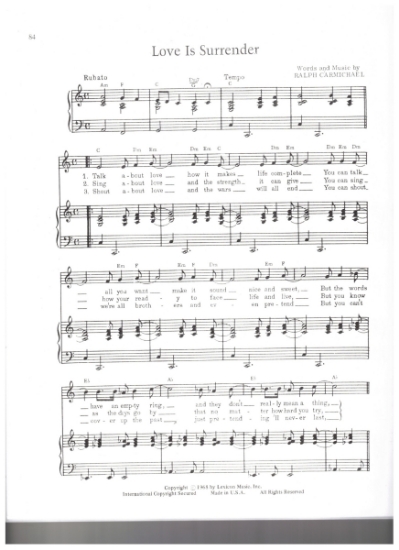 Picture of Love Is Surrender, Ralph Carmichael, recorded by The Carpenters, sheet music, pdf copy