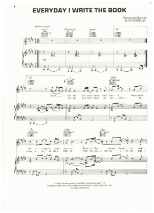Picture of Everyday I Write the Book, written & recorded by Elvis Costello, sheet music
