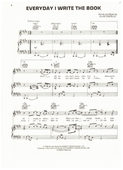 Picture of Everyday I Write the Book, written & recorded by Elvis Costello, sheet music