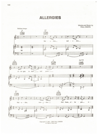 Picture of Allergies, written & recorded by Paul Simon, sheet music, pdf copy 