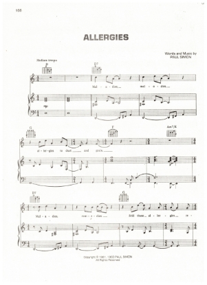 Picture of Allergies, written & recorded by Paul Simon, sheet music