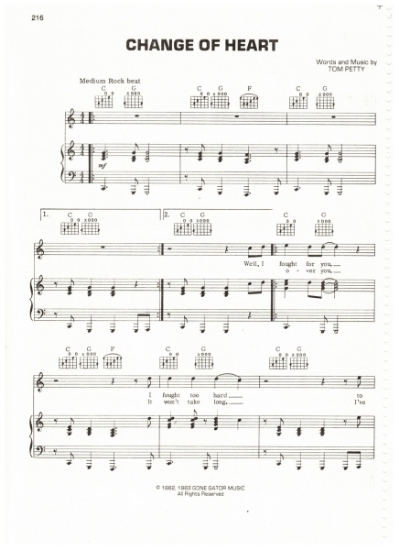 Picture of Change of Heart, written & recorded by Tom Petty, sheet music