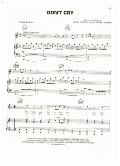 Picture of Don't Cry, John Wetton & Geoffrey Downes, recorded by Asia, sheet music, pdf copy 