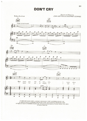 Picture of Don't Cry, John Wetton & Geoffrey Downes, recorded by Asia, sheet music