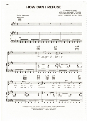 Picture of How Can I Refuse, Ann & Nancy Wilson et al, recorded by Heart, sheet music, pdf copy