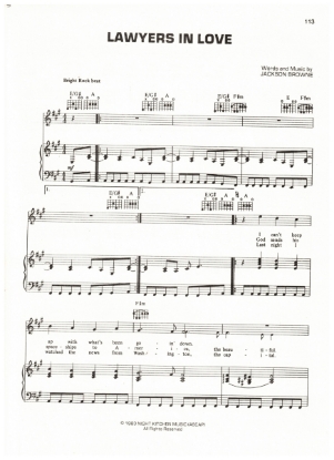 Picture of Lawyers in Love, written & recorded by Jackson Browne, sheet music, pdf copy 