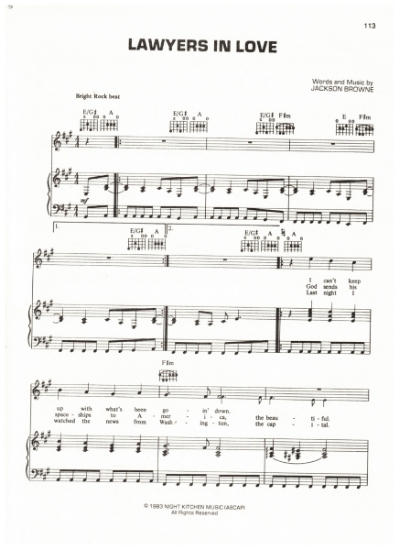 Picture of Lawyers in Love, written & recorded by Jackson Browne, sheet music, pdf copy 