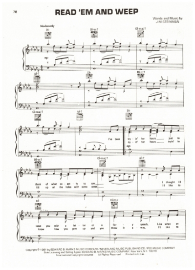 Picture of Read 'em and Weep, Jim Steinman, recorded by Barry Manilow, sheet music