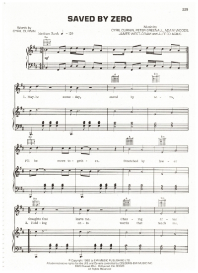Picture of Saved By Zero, Cyril Curnin et al, recorded by The Fixx, sheet music, pdf copy