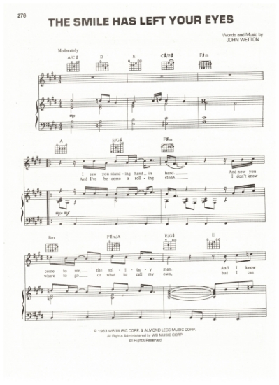 Picture of The Smile Has Left Your Eyes, John Wetton, recorded by Asia, sheet music, pdf copy 