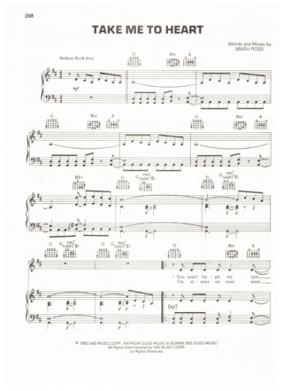 Picture of Take Me To Heart, Mary Ross, recorded by Quarterflash, sheet music, pdf copy