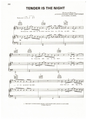 Picture of Tender Is The Night, Jackson Browne/ Danny Kortchmar/ Russel Kunkel, recorded by Jackson Browne, sheet music, pdf copy 