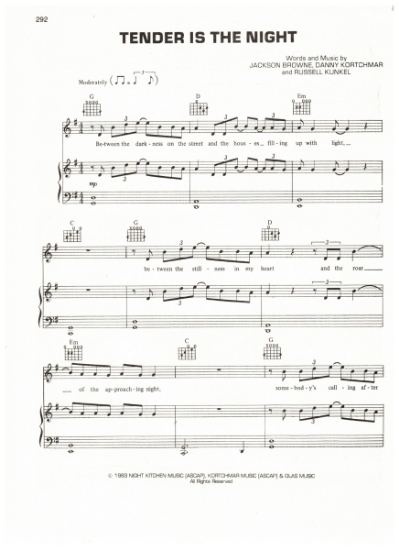 Picture of Tender Is The Night, Jackson Browne/ Danny Kortchmar/ Russel Kunkel, recorded by Jackson Browne, sheet music, pdf copy 