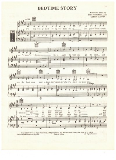 Picture of Bedtime Story, Billy Sherrill & Glenn Sutton, recorded by Tammy Wynette, sheet music, pdf copy