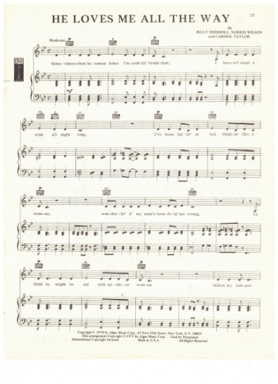 Picture of He Loves Me All The Way, Billy Sherrill/ Norris Wilson. Carmol Taylor, recorded by Tammy Wynette, sheet music, pdf copy 