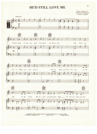Picture of He'd Still Love Me, Glenn Sutton & Hugh X. Lewis, recorded by Tammy Wynette, sheet music, pdf copy 