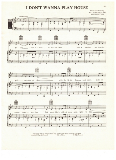 Picture of I Don't Wanna Play House, Glenn Sutton & Billy Sherrill, recorded by Tammy Wynette, sheet music, pdf copy