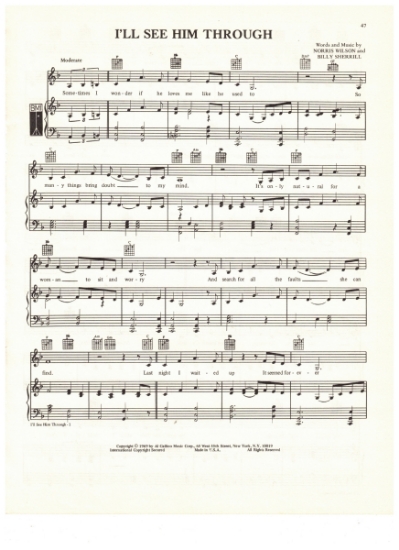 Picture of I'll See Him Through, Norris Wilson & Billy Sherrill, recorded by Tammy Wynette, sheet music, pdf copy