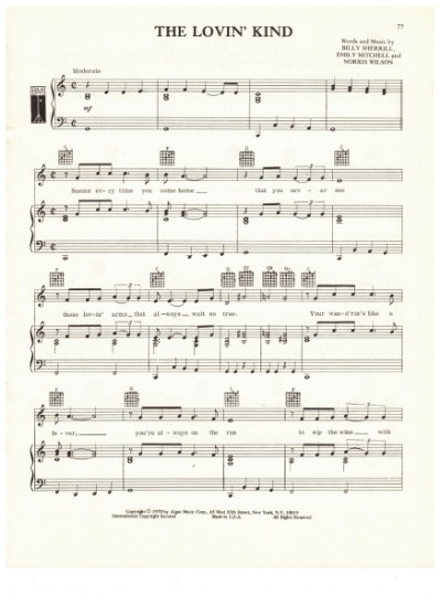 Picture of The Lovin' Kind, Norris Wilson/ Billy Sherrill/ Emily Mitchell, recorded by Tammy Wynette, sheet music, pdf copy