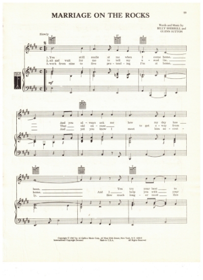 Picture of Marriage on the Rocks, Billy Sherrill & Glenn Sutton, recorded by Tammy Wynette, sheet music, pdf copy 