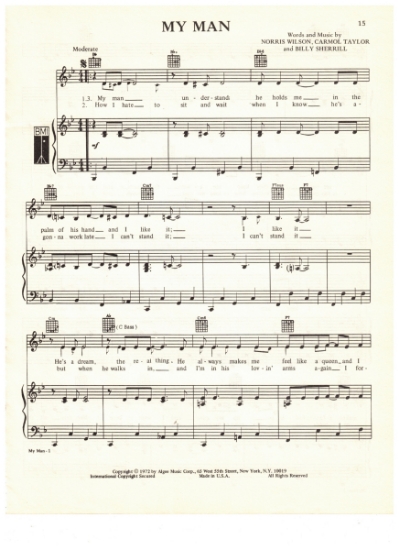 Picture of My Man, Billy Sherrill/ Norris Wilson/ Carmol Taylor, recorded by Tammy Wynette, sheet music