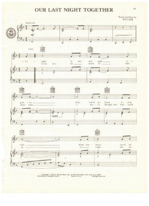 Picture of Our Last Night Together, Rita Gist, recorded by Tammy Wynette, sheet music, pdf copy 