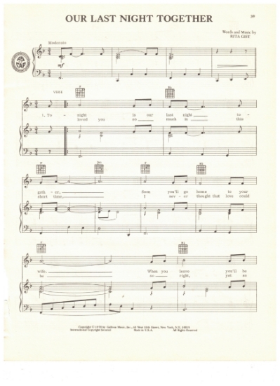 Picture of Our Last Night Together, Rita Gist, recorded by Tammy Wynette, sheet music, pdf copy 