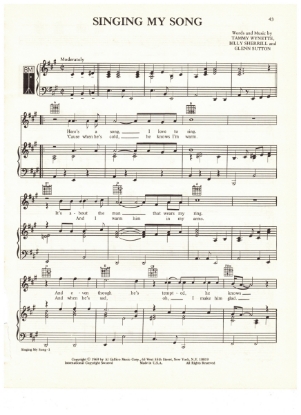 Picture of Singing My Song, Tammy Wynette/ Billy Sherrill/ Glenn Sutton, recorded by Tammy Wynette, sheet music, pdf copy 