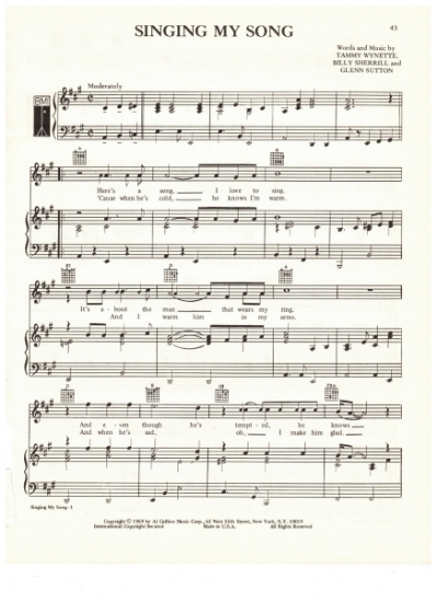 Picture of Singing My Song, Tammy Wynette/ Billy Sherrill/ Glenn Sutton, recorded by Tammy Wynette, sheet music, pdf copy 