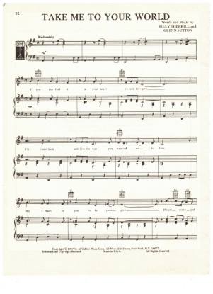 Picture of Take Me To Your World, Billy Sherrill & Glenn Sutton, recorded by Tammy Wynette, sheet music, pdf copy