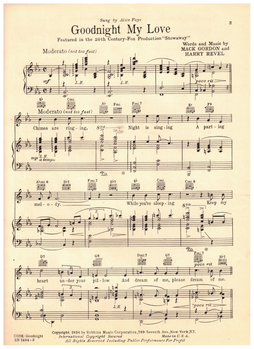 Tredwells-Music.com|Goodnight My Love, from Shirley Temple movie ...