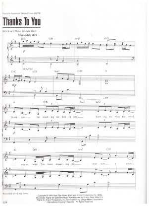 Picture of Thanks To You, from the movie "Andre", words & music by Julie Gold, sheet music