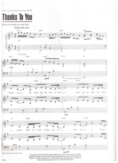 Picture of Thanks To You, from the movie "Andre", words & music by Julie Gold, sheet music